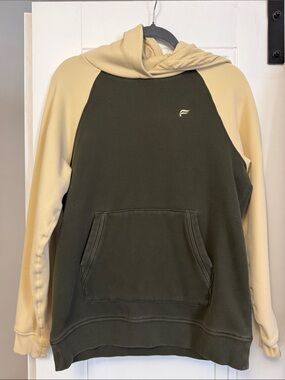 Fabletics Men's Two-Tone Hooded Sweatshirt in Olive and Cream